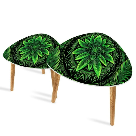 Set of 2 Triangle End Table Floral Boho Green Floral Motifs Symmetrical Design Curved Set of 2 Side Tables End Tables, Nesting Tables for Living Room