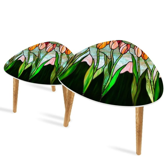 Set of 2 Triangle End Table Flowers Flower Floral Tulips Green Stems Color Gradients Set of 2 Side Tables End Tables, Nesting Tables for Living Room