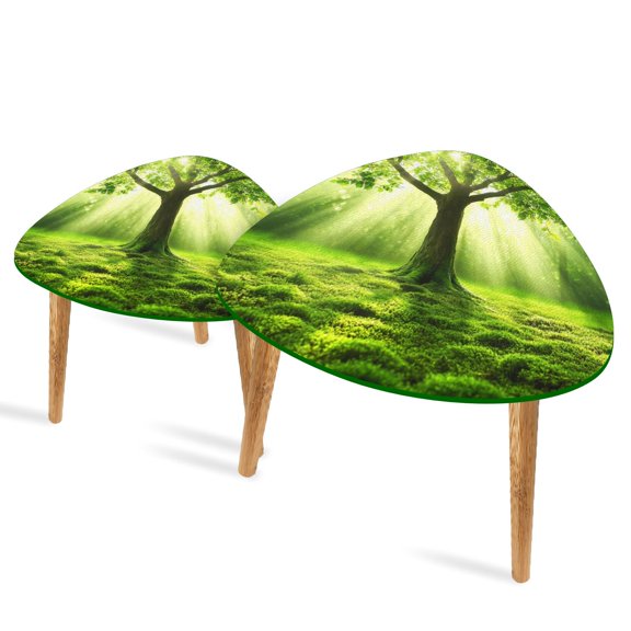 Set of 2 Triangle End Table Forest Nature Tree Green Indoor Outdoor Set of 2 Side Tables End Tables, Nesting Tables for Living Room