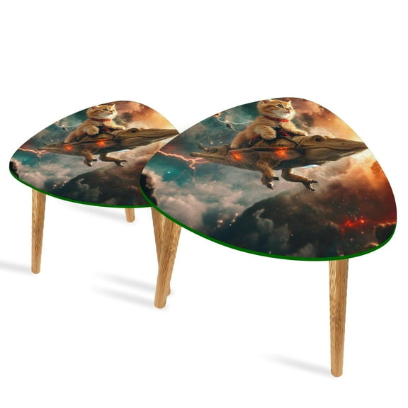Set of 2 Triangle End Table Funny Cat Riding Dinosaur Fantasy Set of 2 Side Tables End Tables, Nesting Tables for Living Room
