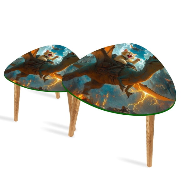 Set of 2 Triangle End Table Funny Cat Riding Dinosaur Fantasy Set of 2 Side Tables End Tables, Nesting Tables for Living Room