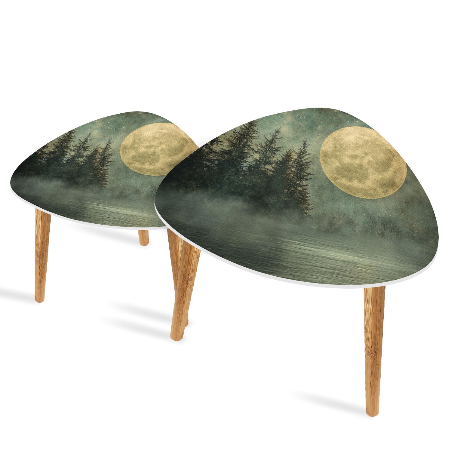 Set of 2 Triangle End Table Galaxy Moon Misty Forest Trees Vintage ...