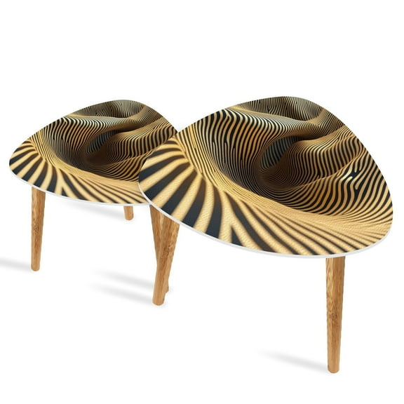 Set of 2 Triangle End Table Modern Abstract Curve 3D Striped Black Gold Color Set of 2 Side Tables End Tables, Nesting Tables for Living Room