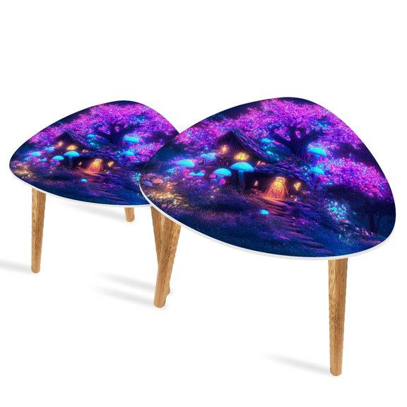 Set of 2 Triangle End Table Mushroom UV Tree Floral Plants Aesthetic Set of 2 Side Tables End Tables, Nesting Tables for Living Room