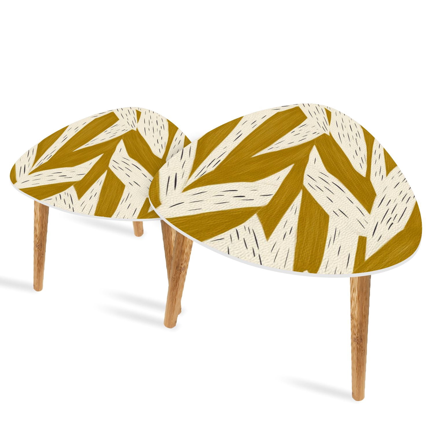 Set of 2 Triangle End Table Mustard Curved Lines Repetitive Patterns ...