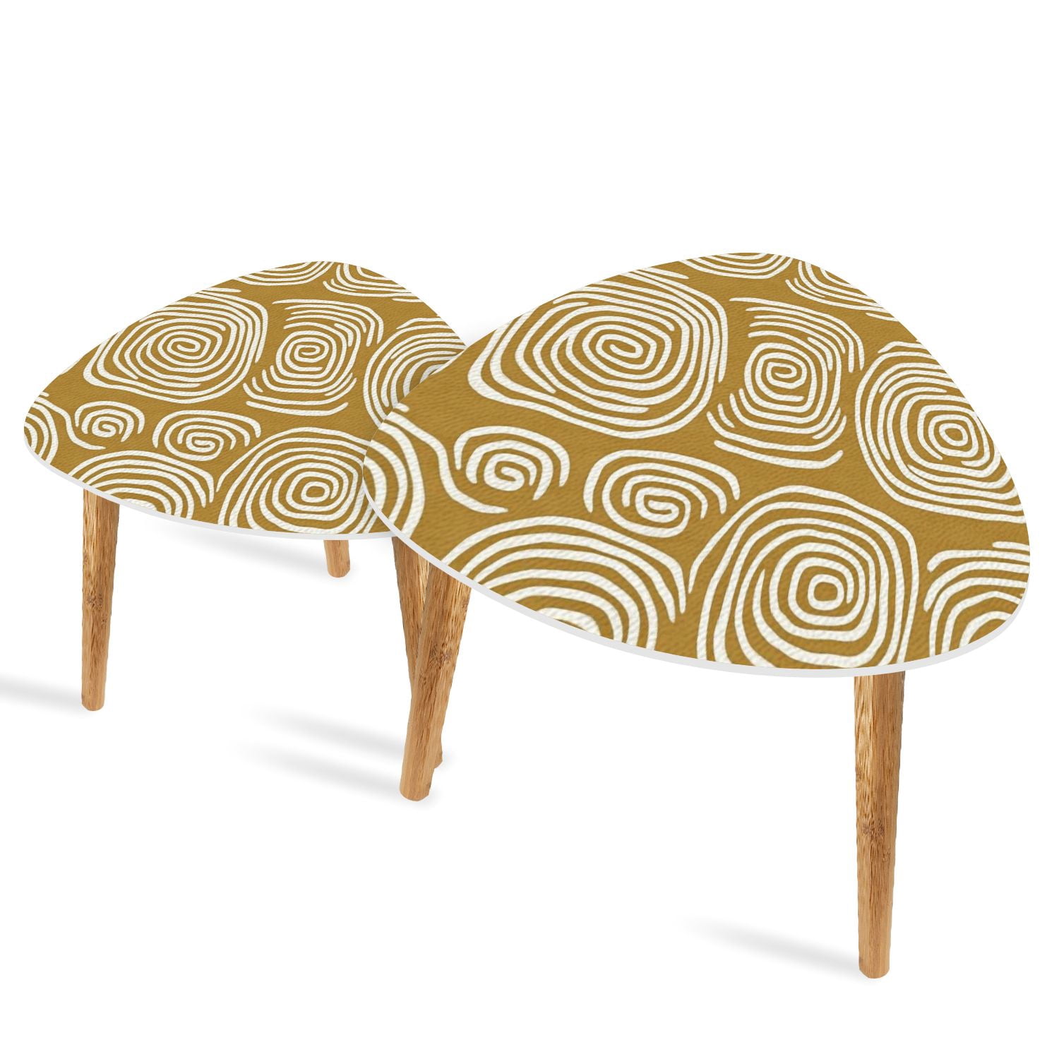 Set of 2 Triangle End Table Mustard Curved Lines Repetitive Patterns ...