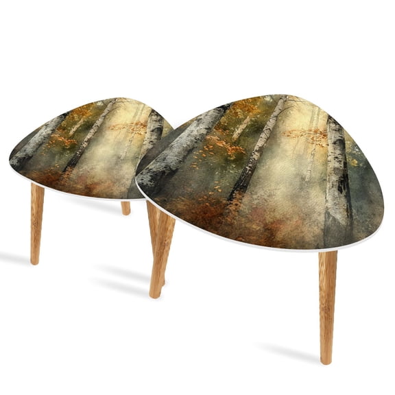 Set of 2 Triangle End Table Mysterious Birch Tree Taupe White Brown Leaf Forest Taupe Set of 2 Side Tables End Tables, Nesting Tables for Living Room