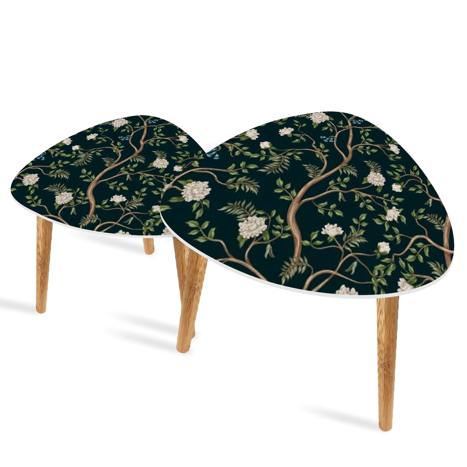 Set of 2 Triangle End Table Print white peonies trees chinoiserie style ...
