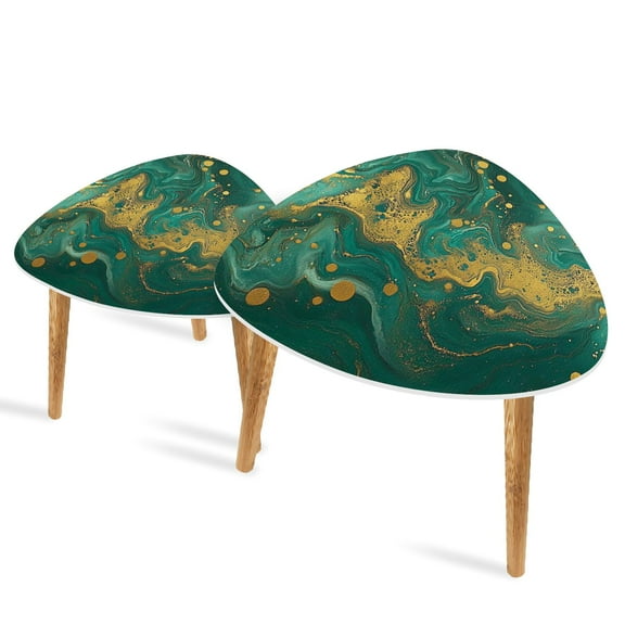 Set of 2 Triangle End Table Retro Turquoise Marble Swirling Patterns Gold Set of 2 Side Tables End Tables, Nesting Tables for Living Room
