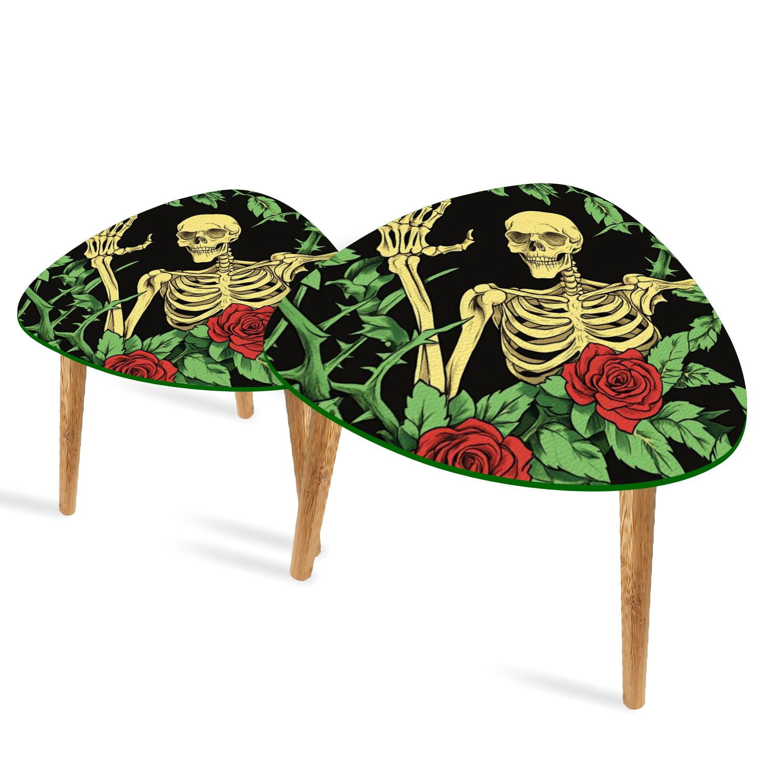 Set of 2 Triangle End Table Rose Flower Leaf Skeleton Man Skeleton Set ...