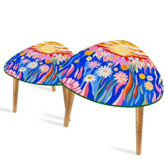 Set of 2 Triangle End Table Sun Moon Mystic Floral Hippie Boho Set of 2 Side Tables End Tables, Nesting Tables for Living Room