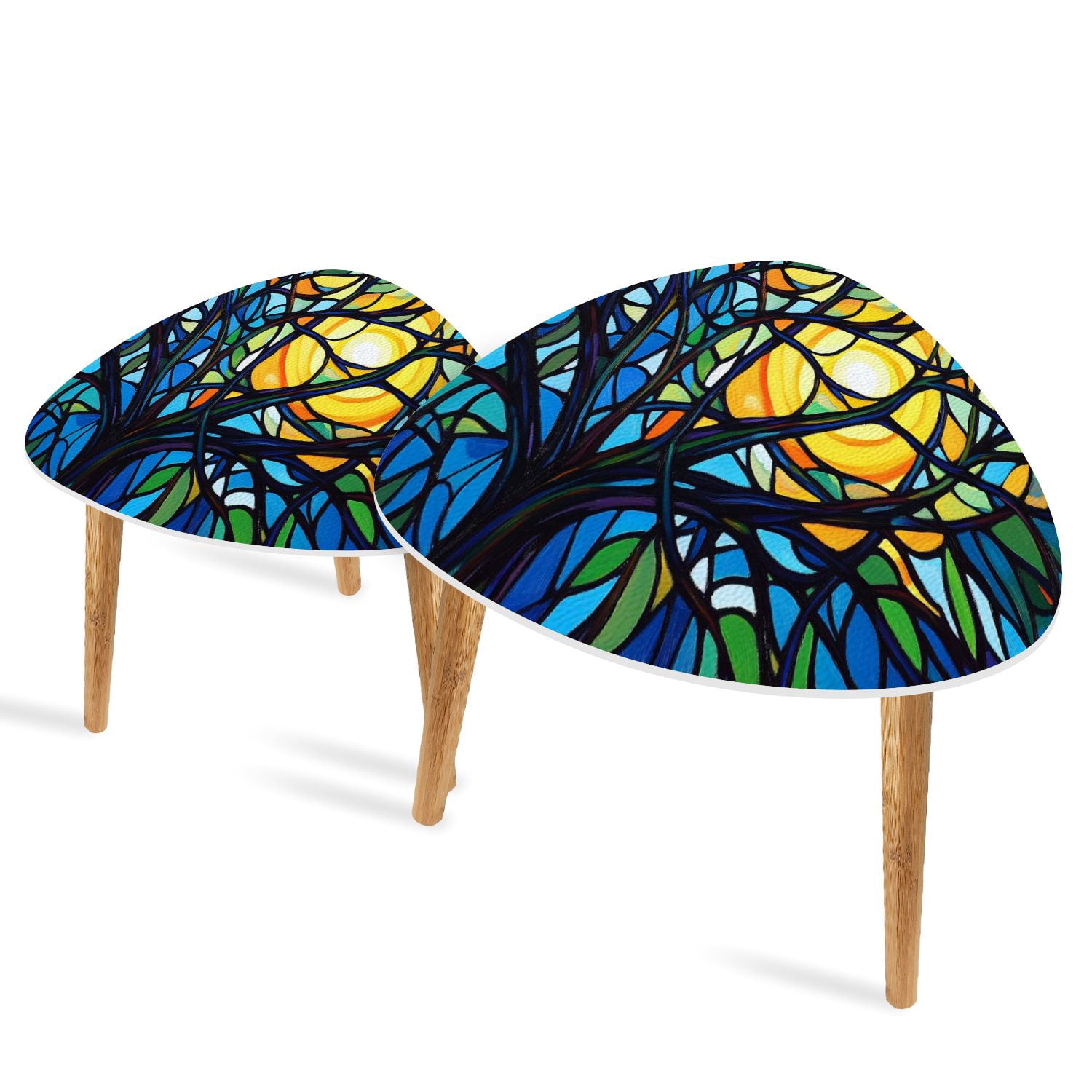 Set of 2 Triangle End Table Tree Trees Oil Painting Branches Leaves ...