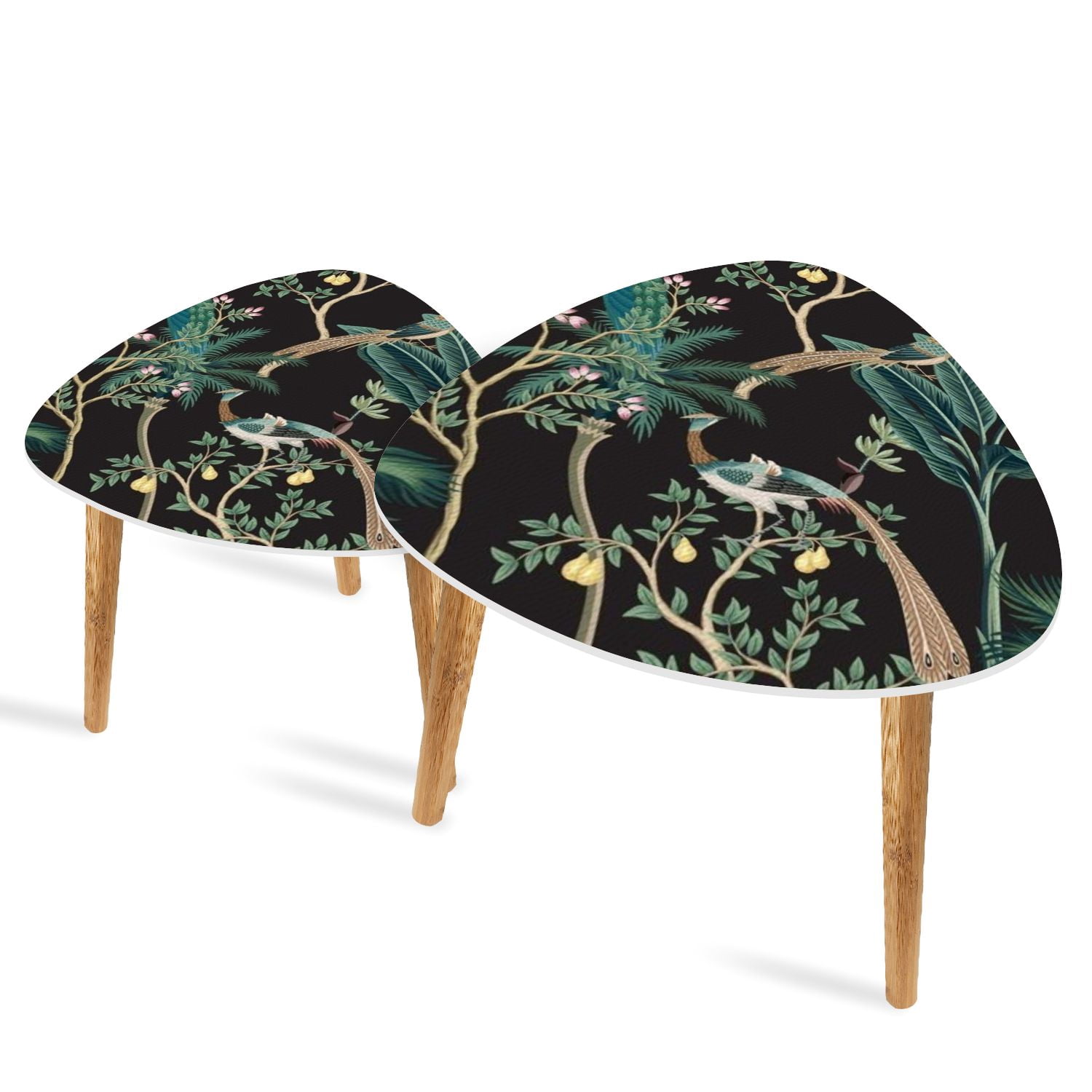 Set of 2 Triangle End Table Vintage botanical garden tree Chinese birds ...