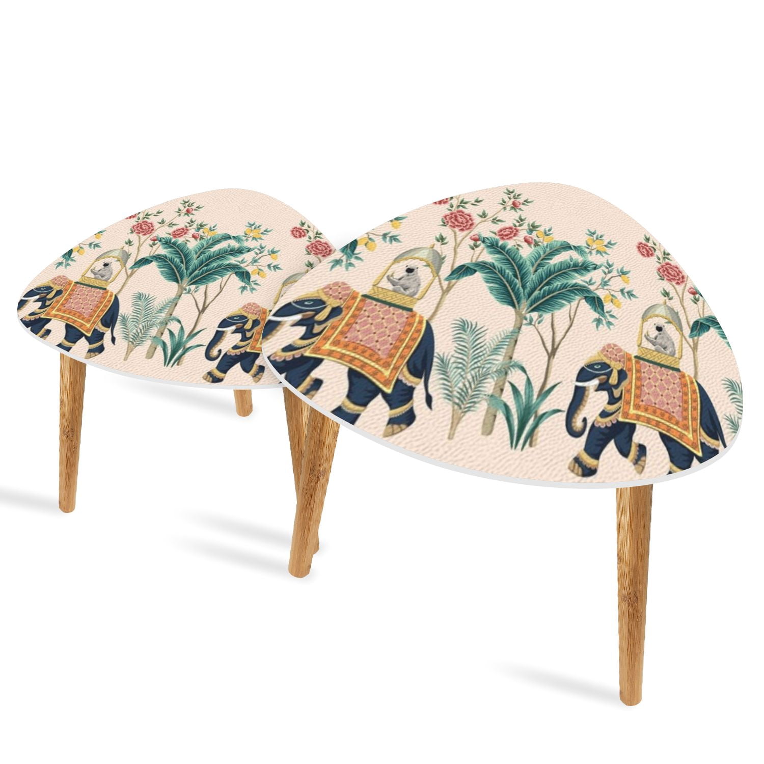 Set of 2 Triangle End Table Vintage botanical palm tree Indian elephant ...
