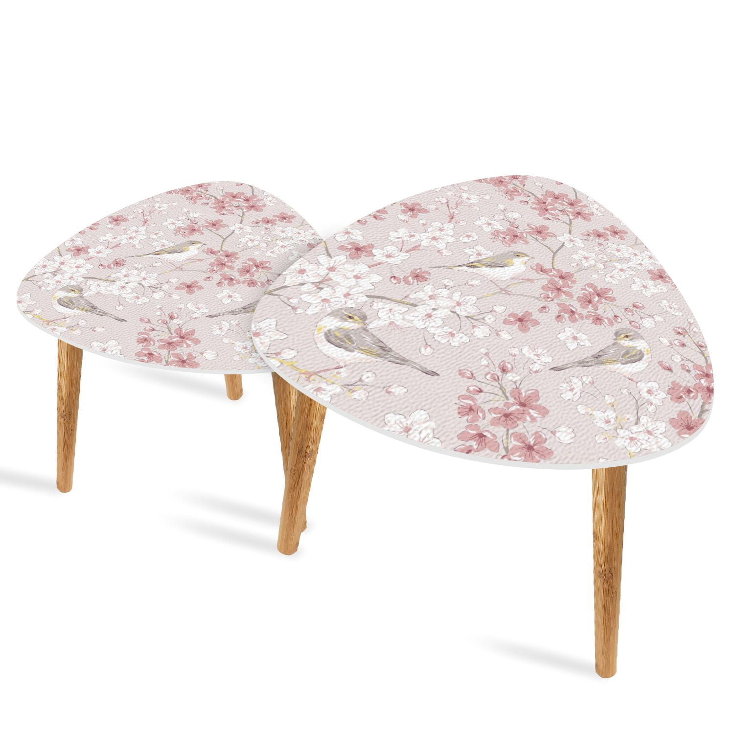 Set of 2 Triangle End Table Willow Warbler bird Spring Cherry blossom ...