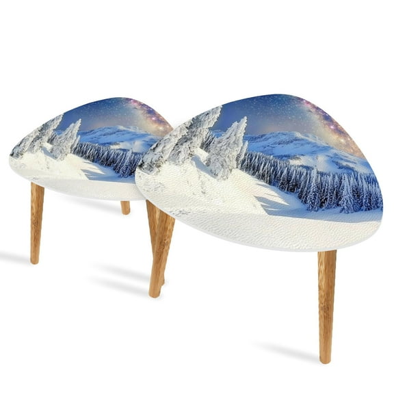 Set of 2 Triangle End Table Winter Pine Tree Forest Mountain Covered With Snow Set of 2 Side Tables End Tables, Nesting Tables for Living Room