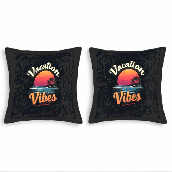 Set of 2 Tropical Throw Pillow Covers 18x18in - Sunset Ocean Design with Palm Trees & ' Vacation Vibes ' - Perfect for Couch Bed Car