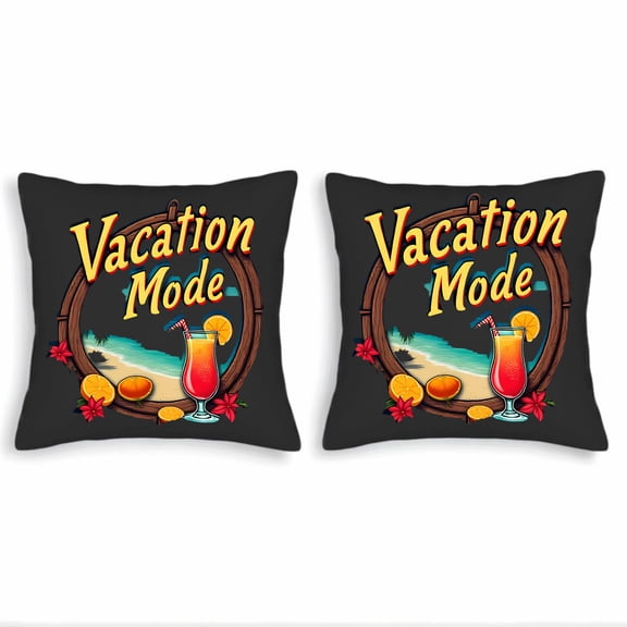Set of 2 Tropical Throw Pillow Covers 18x18in - " Vacation Mode " Design with Beach Scene Palm Tree and Vibrant Oranges for Couch Bed Car