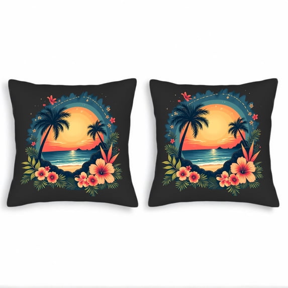 Set of 2 Tropical Throw Pillow Covers 18x18in - Vibrant Sunset Beach Design with Palm Trees & Colorful Flowers for Couch Bed Car