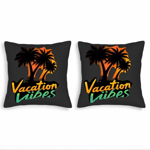 Set of 2 Tropical Throw Pillow Covers 18x18in - Vibrant Sunset with Silhouetted Palm Trees & ' Vacation Vibes ' Text - Perfect for Couch Bed Car
