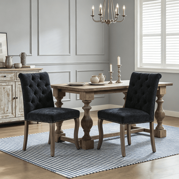 Set of 2 Tufted Chenille Dining Chairs, Farmhouse Upholstered Accent Chairs with Curved Solid Wood Legs & Rivet Trim, for Kitchen Dining Room
