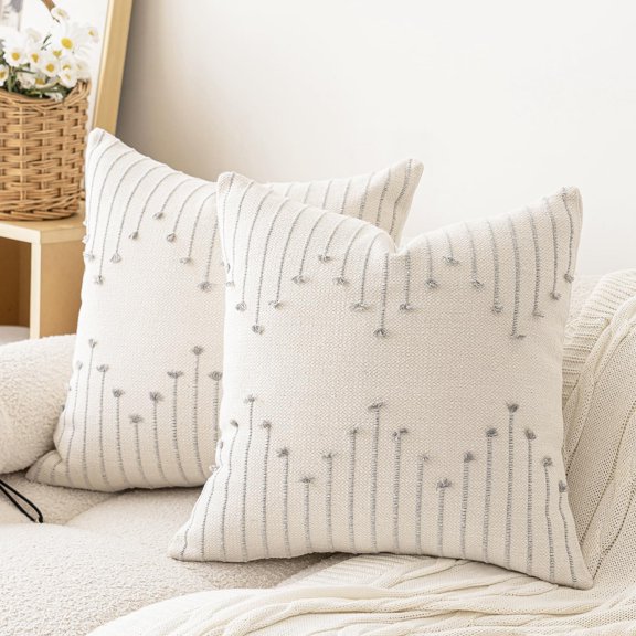 Set of 2 Tufted Throw Pillow Covers Tassel Pattern Pillow Cases with Concealed Zipper, Boho Striped Decorative Cushion Covers for Couch Sofa Bed