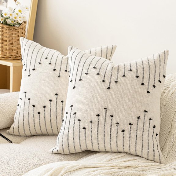 Set of 2 Tufted Throw Pillow Covers Tassel Pattern Pillow Cases with Concealed Zipper, Boho Striped Decorative Cushion Covers for Couch Sofa Bed