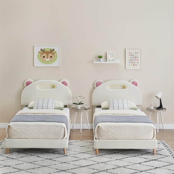 Set of 2 Twin LED Upholstered Platform Bed Frames with Panda Headboards, Wood Slat Support, Noise-Free, No Box Spring Needed Beige