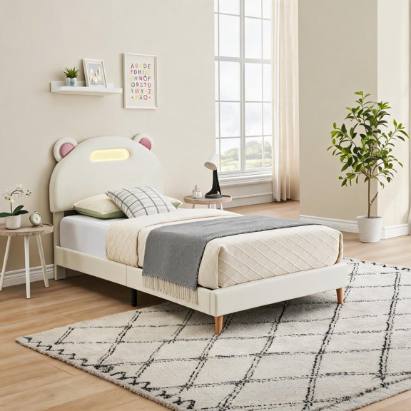 Set of 2 Twin LED Upholstered Platform Beds with Panda Headboards Noise-Free Wood Slat Support, No Box Spring Needed Beige Velvet