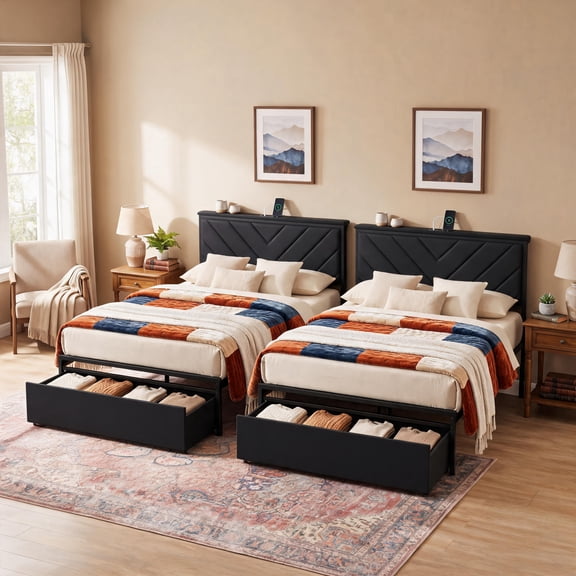 Set of 2 Twin Size Upholstered Platform Bed Frame with Charging Station Headboard & 2 Large Under Bed Storage Drawers, No Box Spring Needed