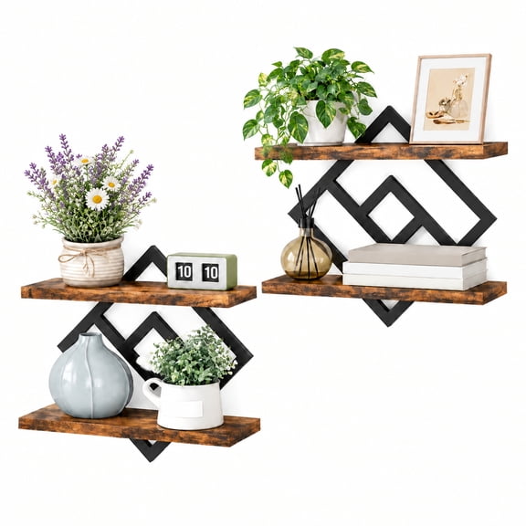 Set of 2 Two-Tier Floating Wall Shelves with Diamond Solid Metal Frame, Heavy Duty Rustic Wood Wall Mount Storage Organizer for All Rooms