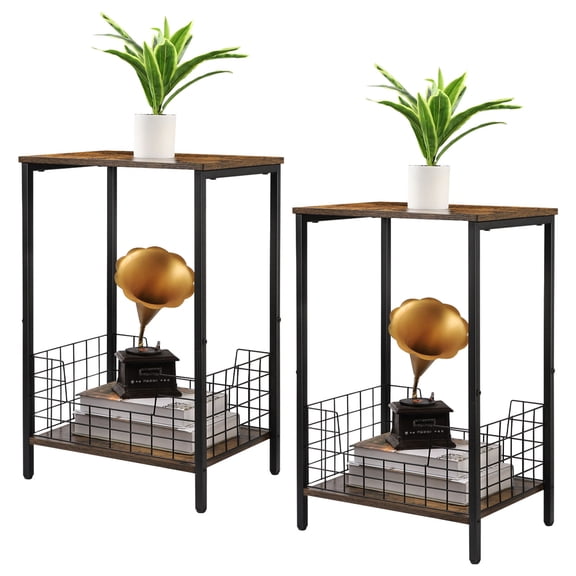 Set of 2 Two-Tier Side Tables, Narrow End Tables with Shelf & Fence Design for Bedroom, Living Room, or as Record Player Stands