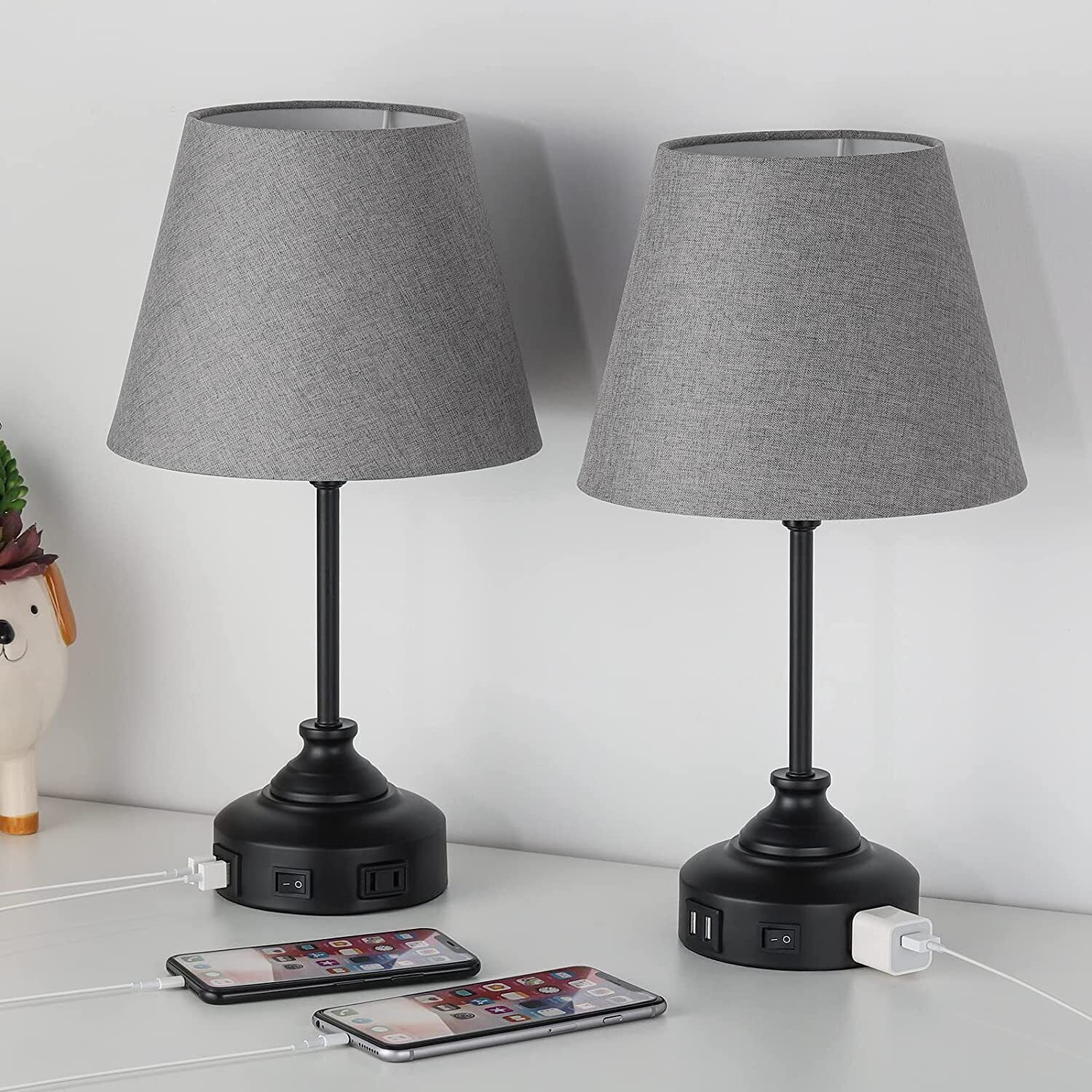 Set of 2 USB Table Lamps for Nightstand with Grey Lamp Shade Bedroom Nightstand