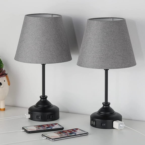 Set of 2 USB Table Lamps for Nightstand with Grey Lamp Shade Bedroom Nightstand