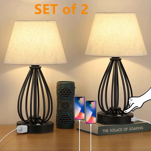 Set of 2 USB Touch Control Table Lamp Bedside Nightstand Lamps AC Outlet Bedroom