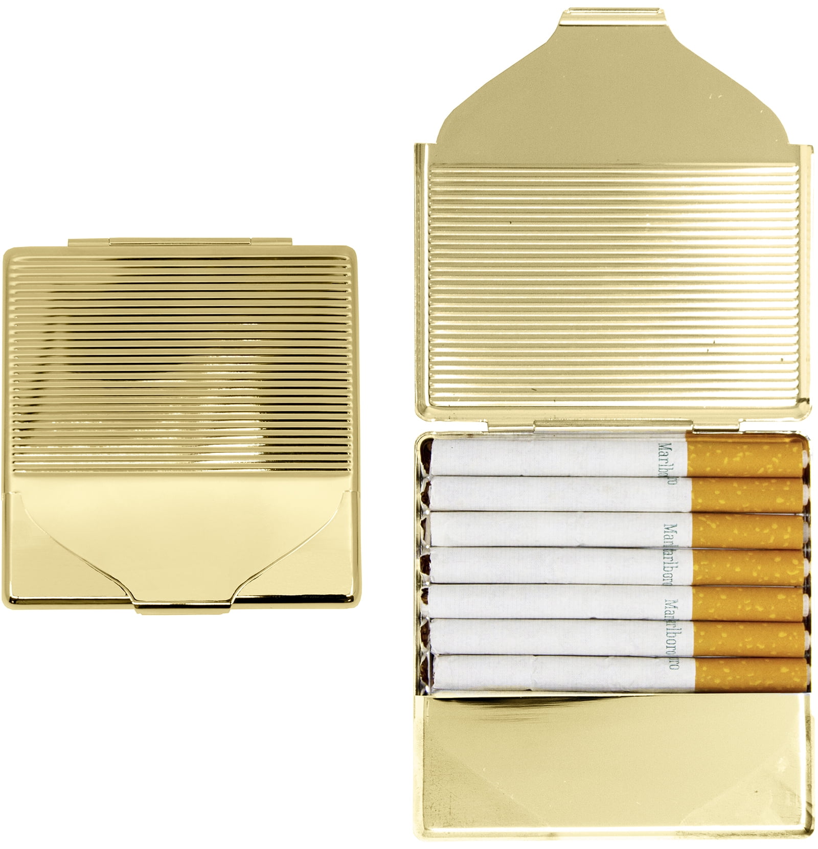 Set of 2 Ultra Compact Metal-Plated King Size Cigarette Case & Stash Box  (Gold Vertical Lines)