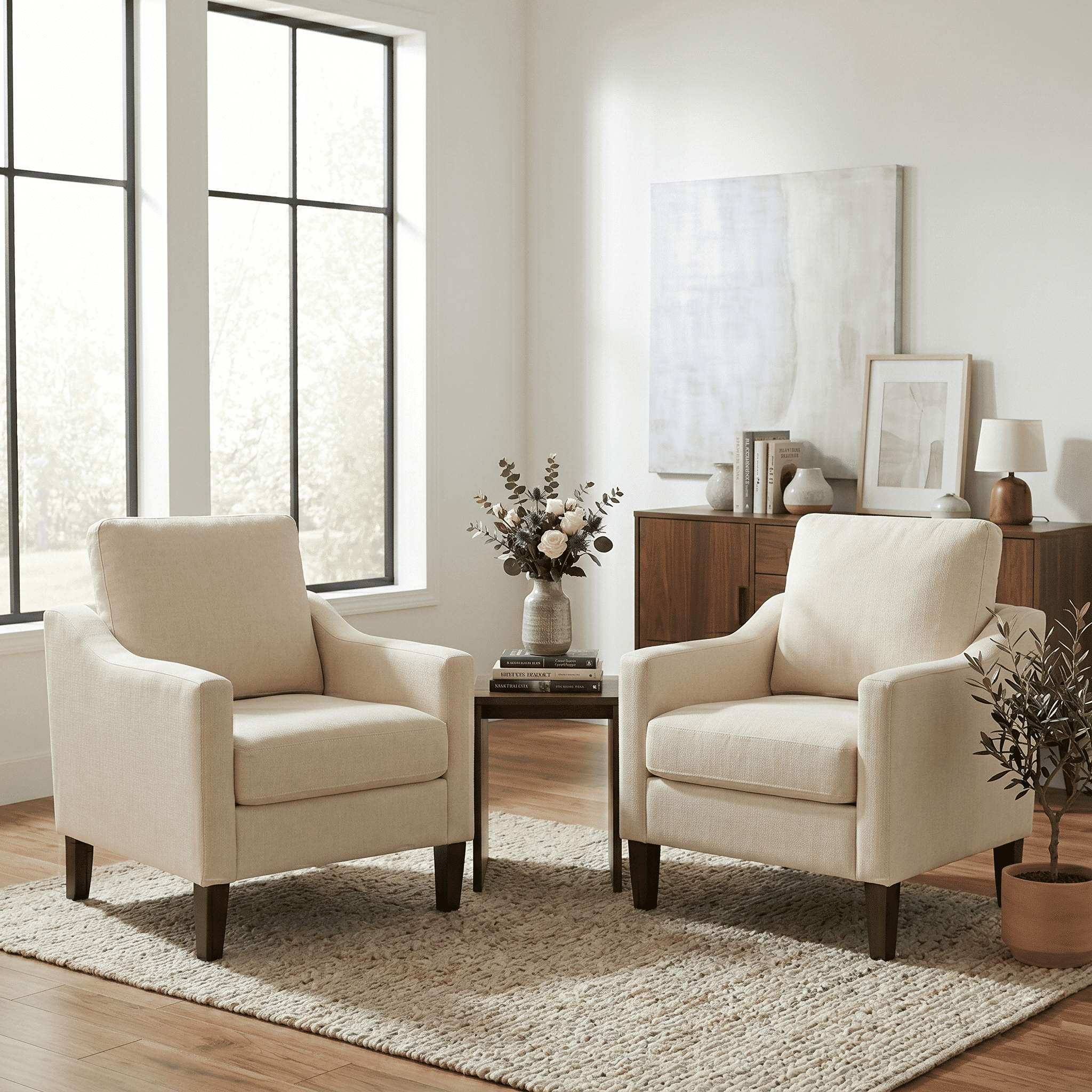 Vknow Furniture Mid-Century Modern Accent Chairs Set of 2 Upholstered with Solid Wood Legs for Living Room and Bedroom,Beige