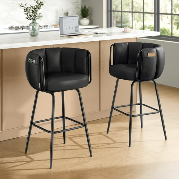 Set of 2 Upholstered Bar Stools with 360 Swivel Seat & Storage Pockets, Curved Back and Footrest, 265 lb Capacity Counter Height Stools, Ink Black