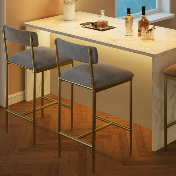 Set of 2 Upholstered Bar Stools with Back & Footrest, 25.5 Inch Counter Height Thick Cushion Stools, Easy Assembly for Kitchen Island in Gray-Gold