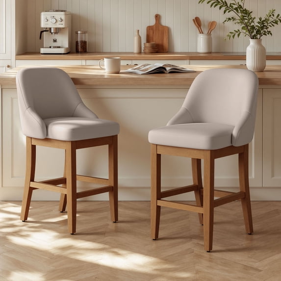 Set of 2 Upholstered Counter Height Bar Stools in Sleek Faux Leather with Solid Rubberwood Legs for Kitchen Island