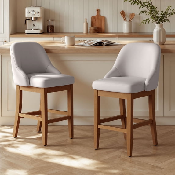 Set of 2 Upholstered Counter Height Bar Stools in Sleek Faux Leather with Solid Rubberwood Legs for Kitchen Island
