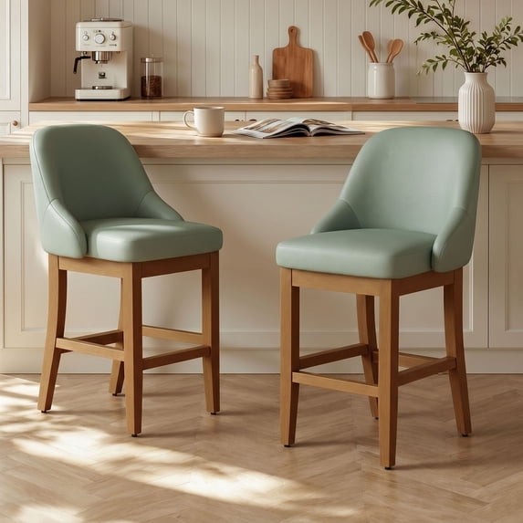 Set of 2 Upholstered Counter Height Bar Stools in Sleek Faux Leather with Solid Rubberwood Legs for Kitchen Island