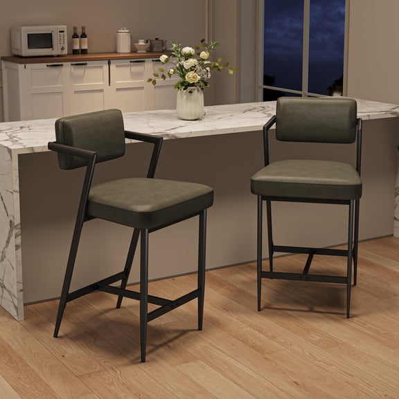 Set of 2 Upholstered Counter Height Bar Stools with Armrests, Backrest & Footrest – 27" Tall Kitchen Island Chairs with Thick Cushion & Metal Legs