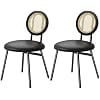 Set of 2 Upholstered Dining Chairs, Cane Rattan Back Kitchen Chairs with Thick Cushions, Metal Legs, Space-Saving Design, 300 lb Capacity,Black