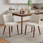 Set of 2 Upholstered Linen Dining Chairs, Modern Farmhouse Kitchen Chairs with Curved Back, Wooden Legs, 300 lb Capacity,White