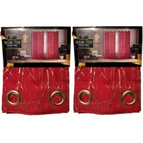 Set of 2 Valarie Martina Grommet Top Sheer Curtain Panels with Gold Metallic Accent, 90" Long (Red/Gold)
