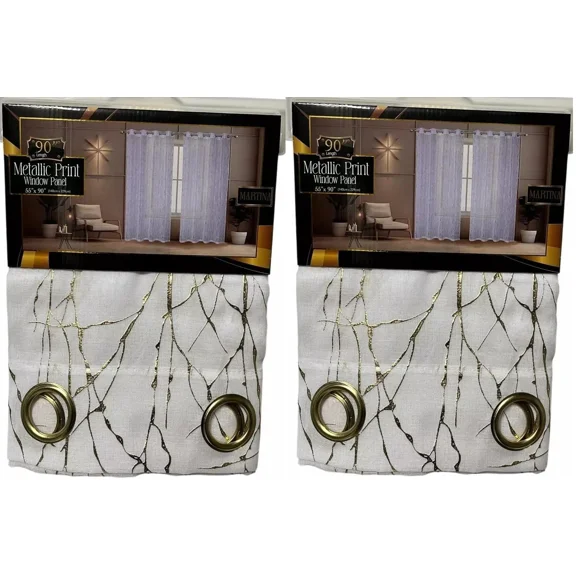 Set of 2 Valarie Martina Grommet Top Sheer Curtain Panels with Gold Metallic Accent, 90" Long (White/Gold)
