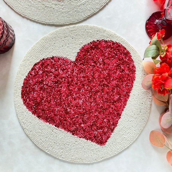 Set of 2, Valentine's Day special beaded placemat, Red heart, round mat