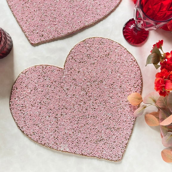 Set of 2, Valentine's Day special beaded placemat, pink heart