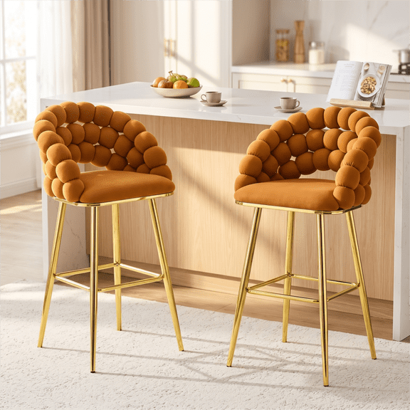 Set of 2 Velvet Bar Stools, Puffy Bubble Ball Chain Chairs, Tufted Accent Chairs for Kitchen Island & Home Bar